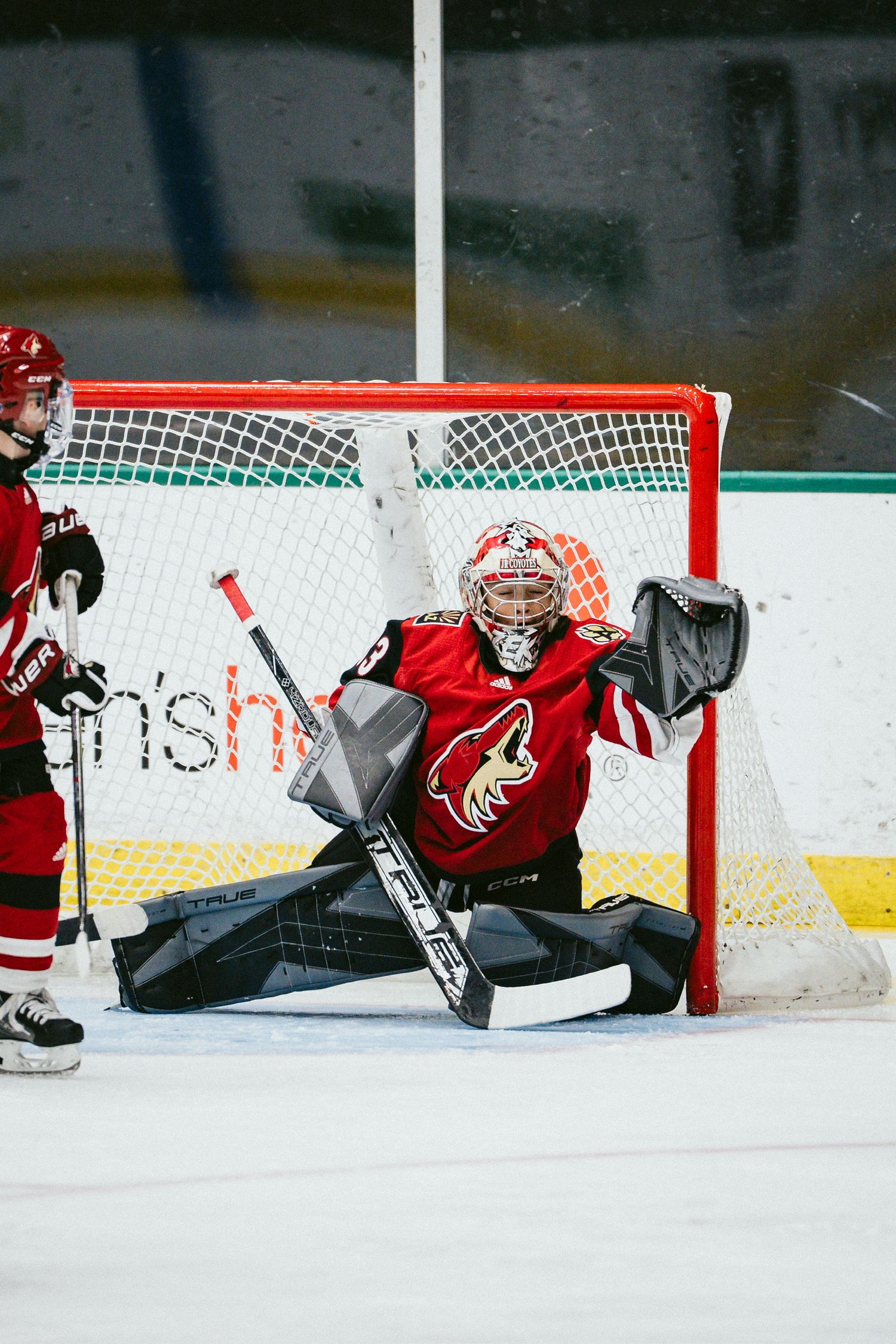 A hockey goalie in red uniform makes a diving save across the ice.