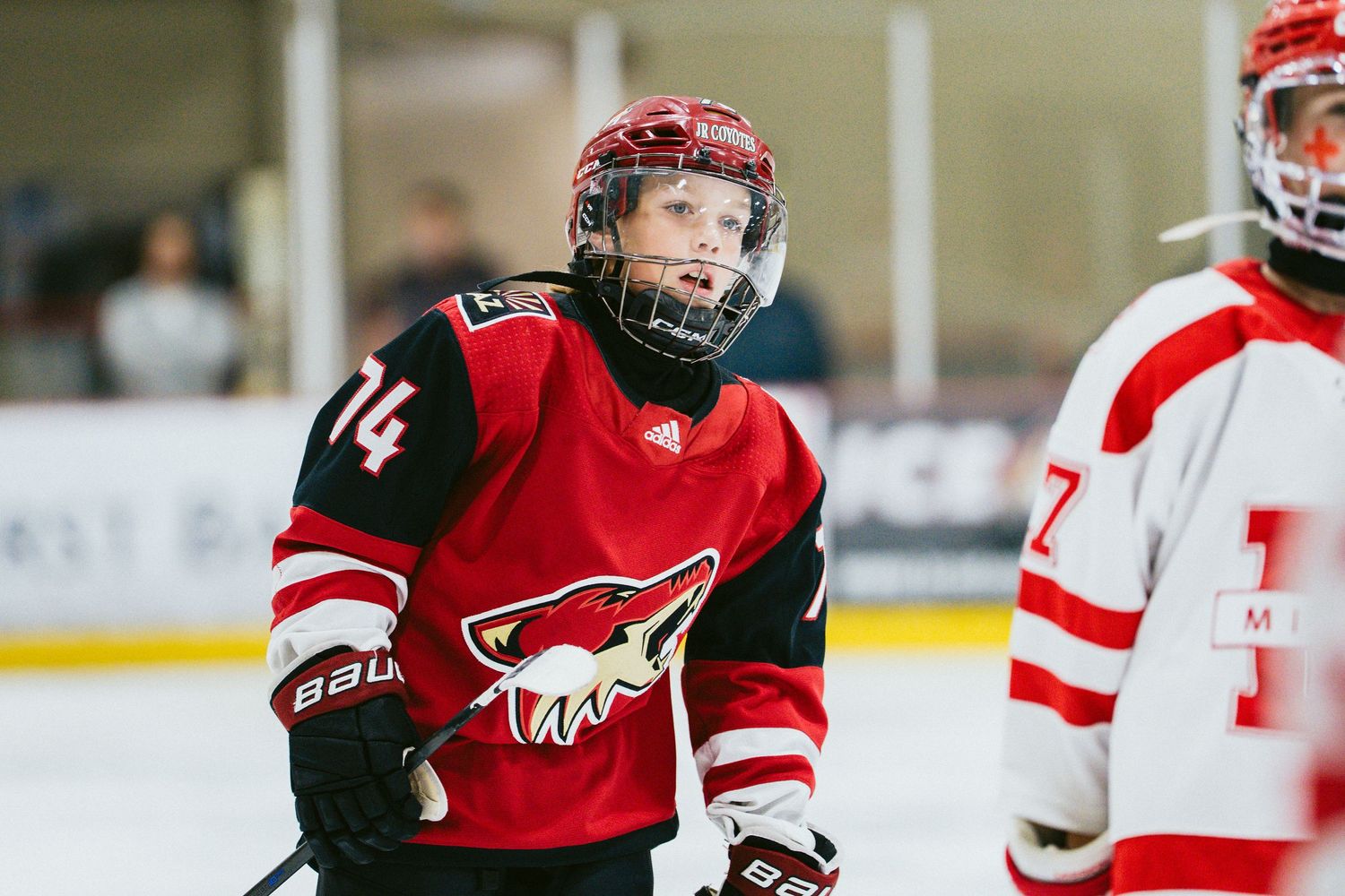 Hockey players in red and white jerseys battle for the puck during an intense game.