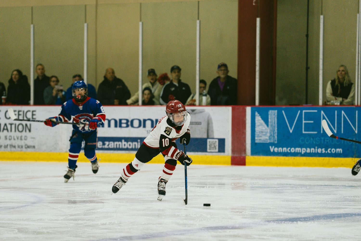 Hockey players in red and blue uniforms compete during an intense ice hockey match on a rink with advertising boards.