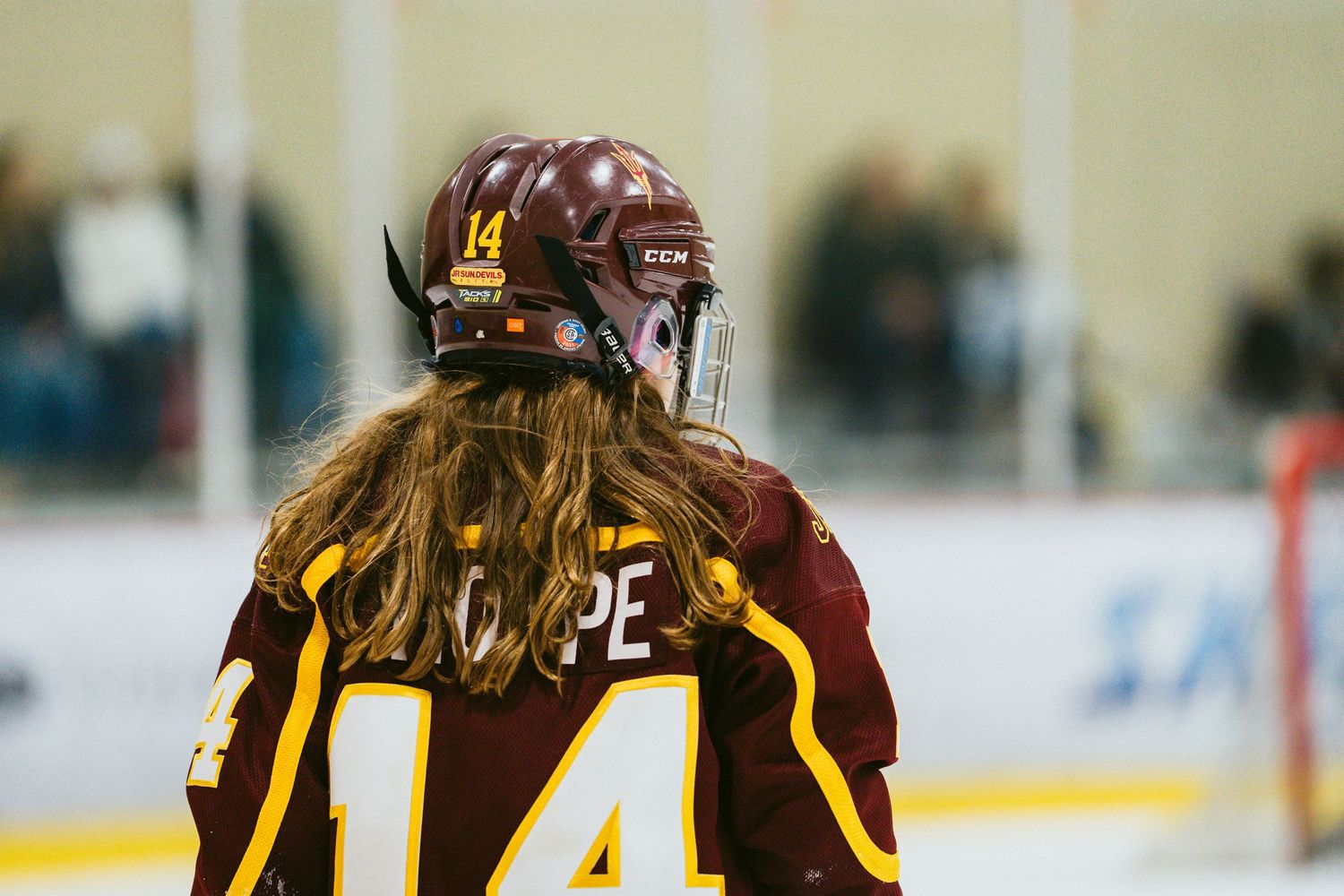 Hockey players in brown and gold uniforms gathered on the ice during a game.