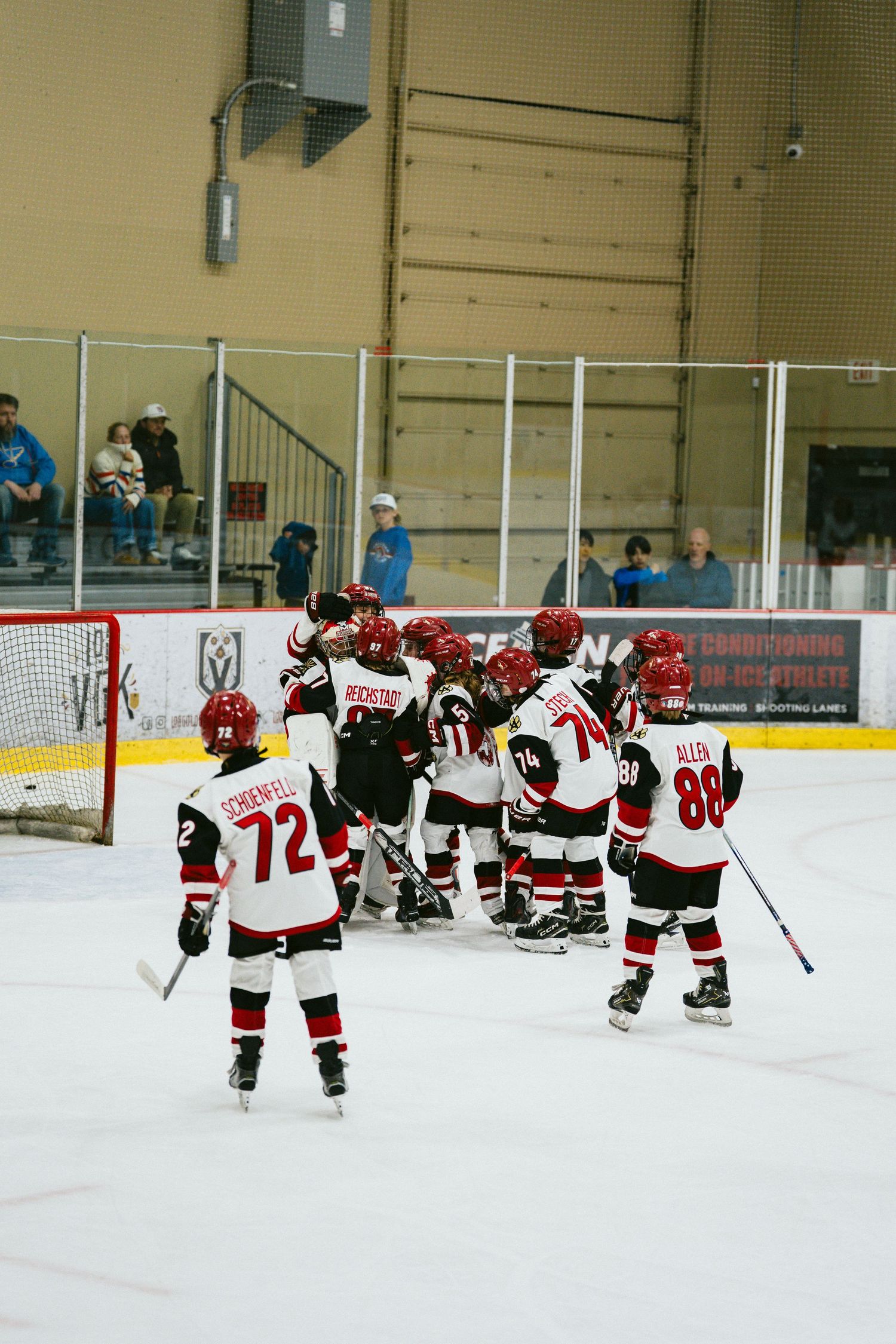 Wide view of hockey players scattered across the ice during a game break or practice session.