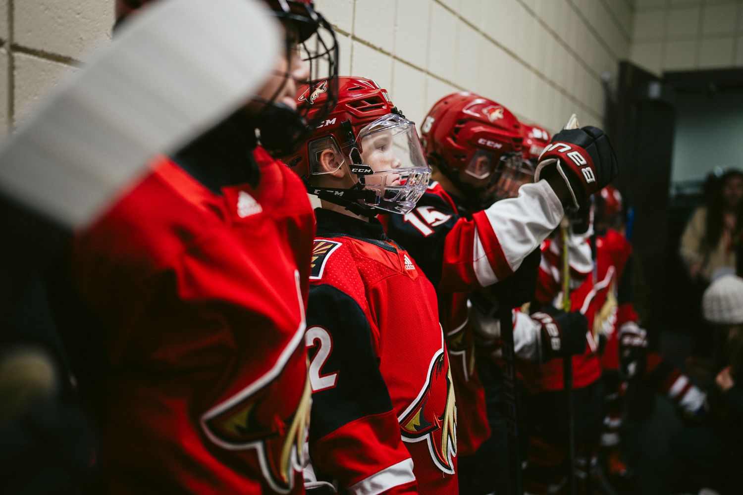 Hockey players in red jerseys lined up along the boards during a game.