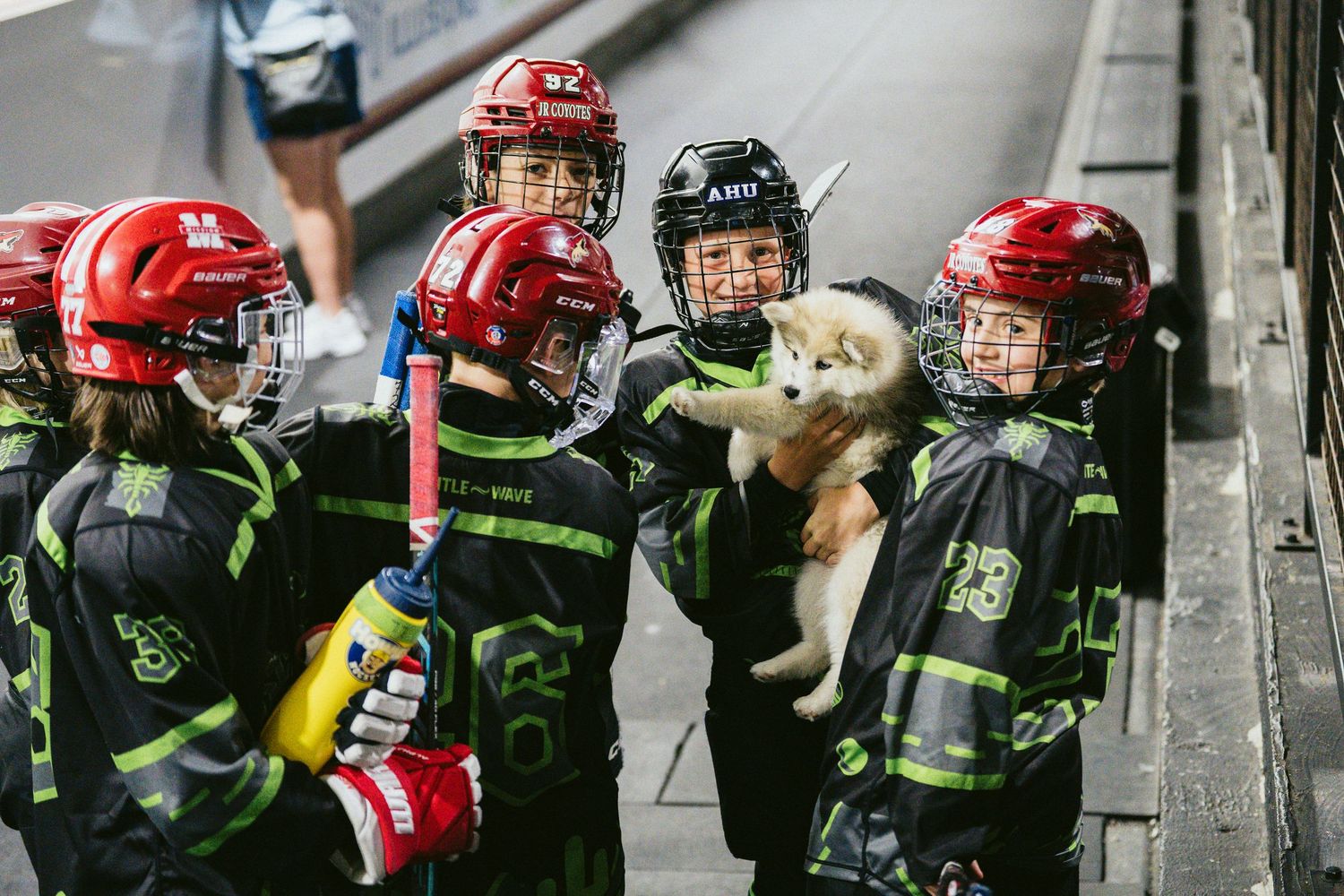 Young hockey players in black uniforms and red helmets gather around a puppy between periods.