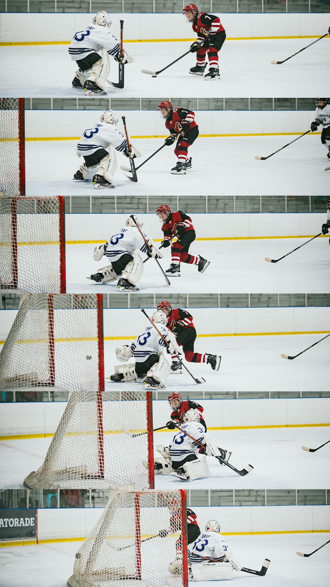 Sequence of hockey action shots showing players near the goal net.