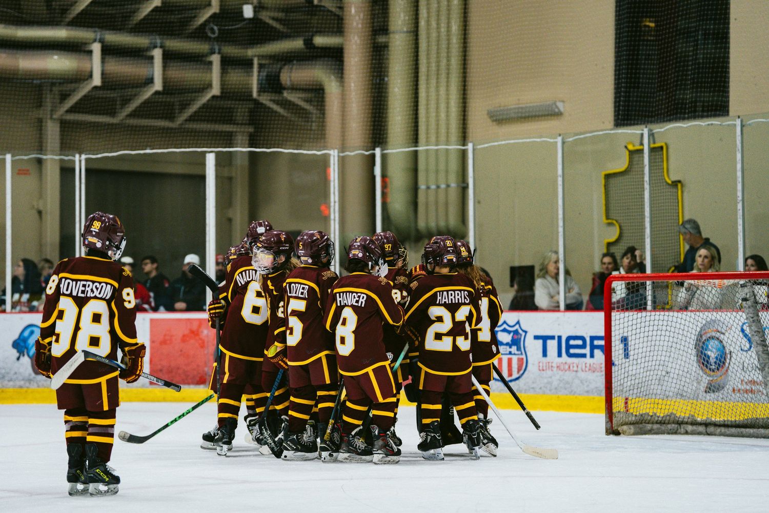 Wide shot of hockey players in dark uniforms lined up along the boards during a game.