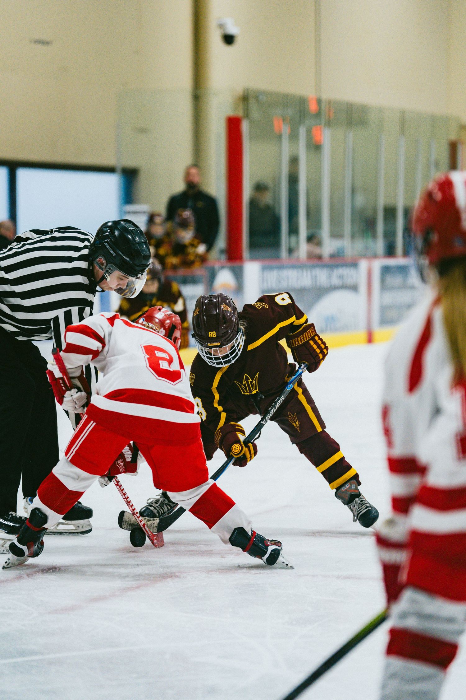 Hockey player in red jersey dives across ice to block shot from opponent in black and yellow uniform during game.