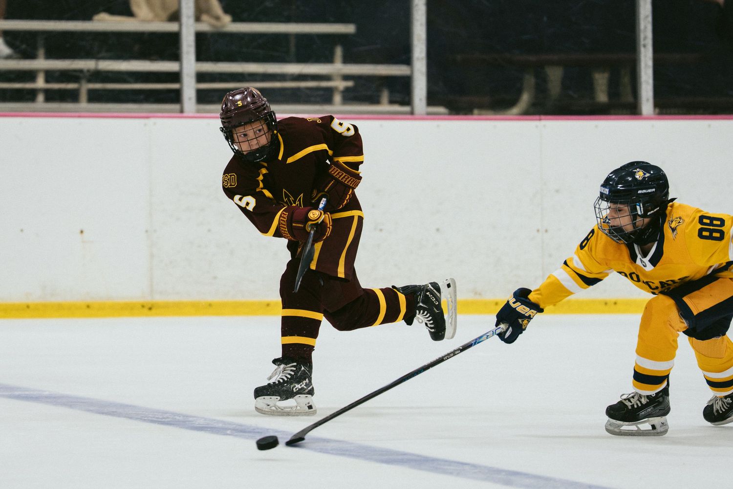 Two women's ice hockey players compete for the puck during a fast-paced game on an indoor ice rink.