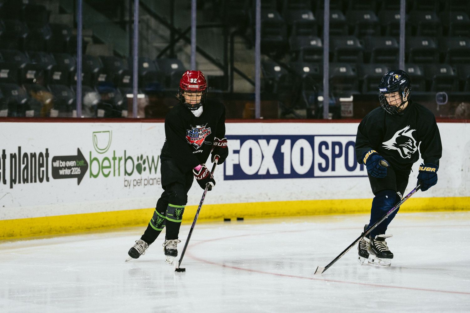 Two young hockey players skate with sticks and pucks during an indoor ice hockey practice session.