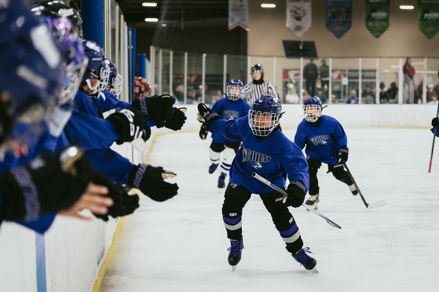 Youth hockey players in blue jerseys celebrate with teammates on bench during ice hockey game.