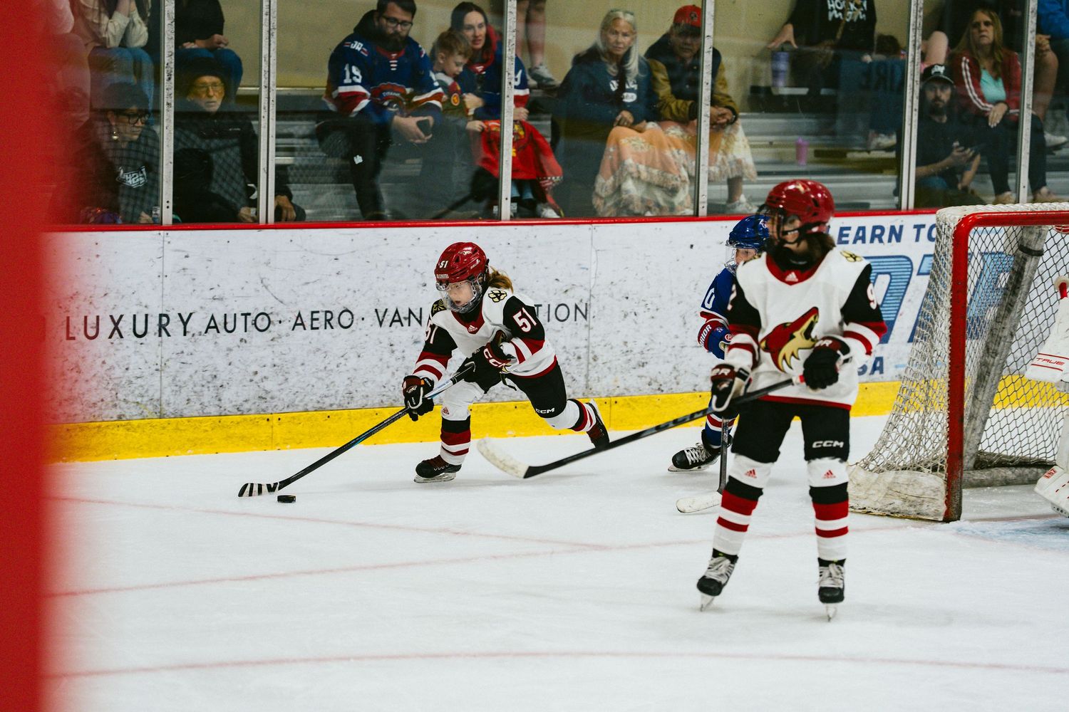 Hockey players compete for puck control during intense game action.