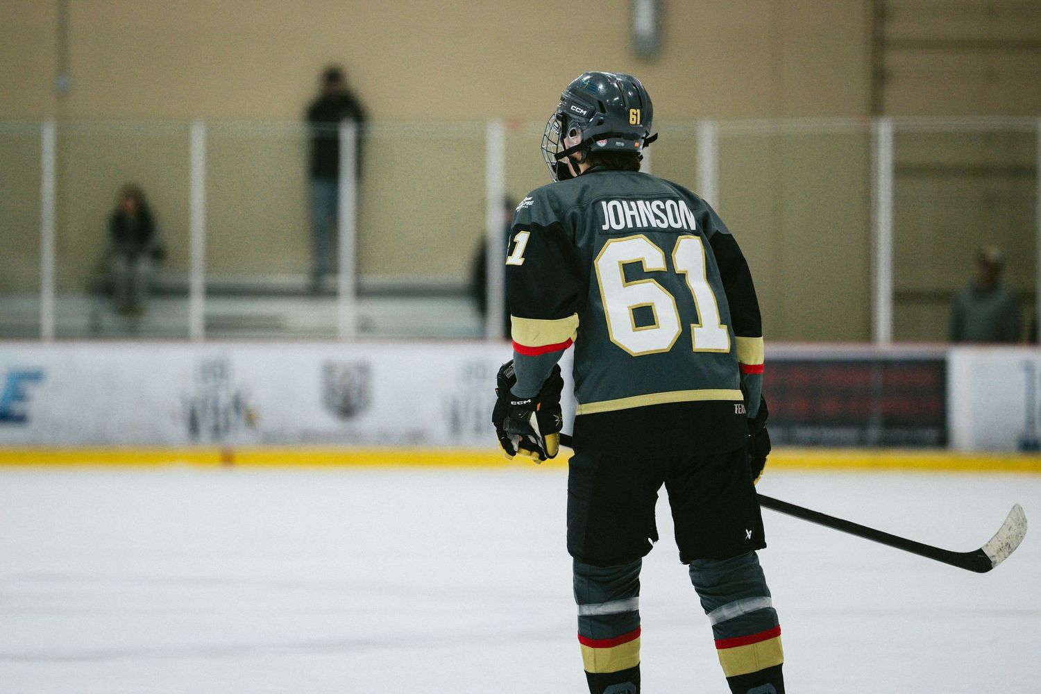 Hockey players in black and gold uniforms face off against opponents in red jerseys during an ice hockey match.
