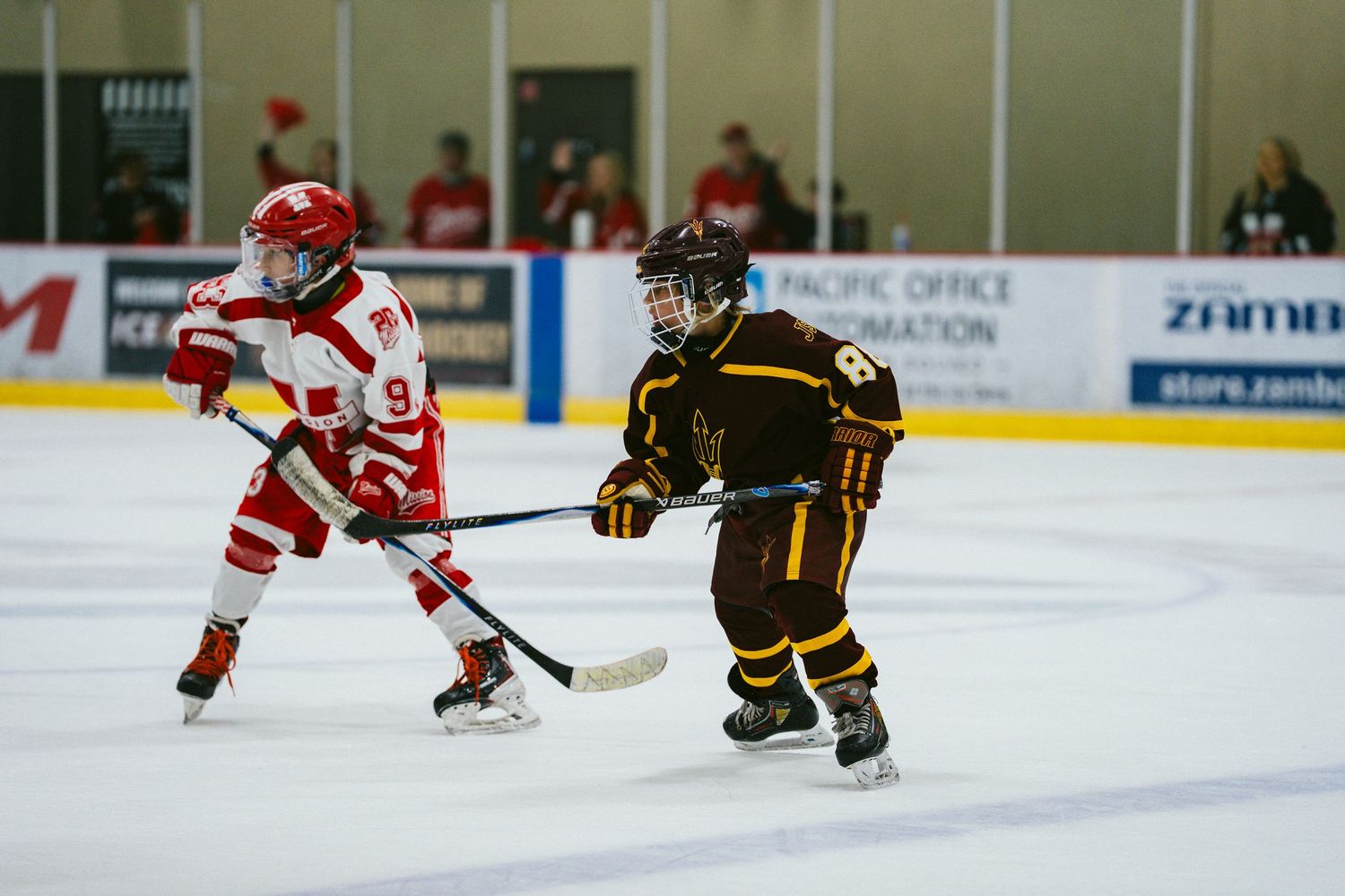 Ice hockey players from opposing teams battle for the puck during gameplay.