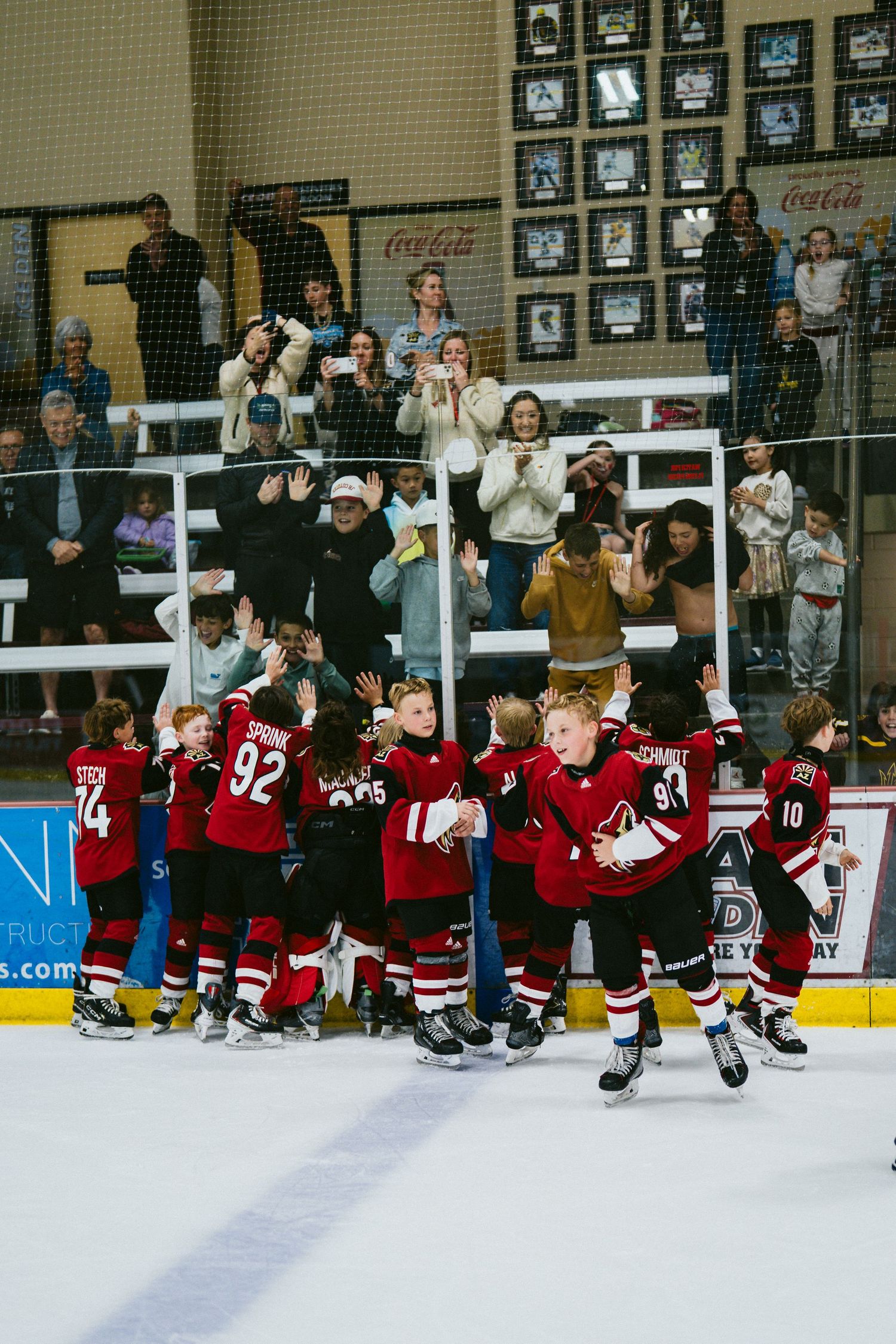 Youth hockey team celebrates with fans in the stands during an exciting game moment.