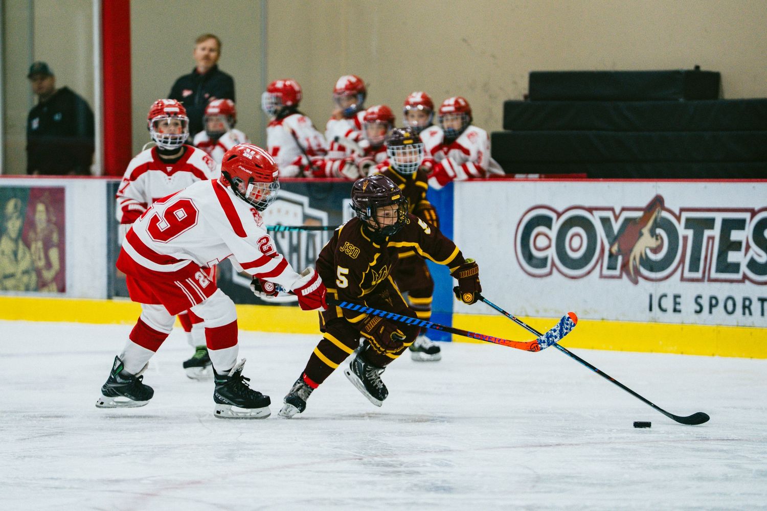Hockey players in red and black uniforms face off on an ice rink during an intense game.