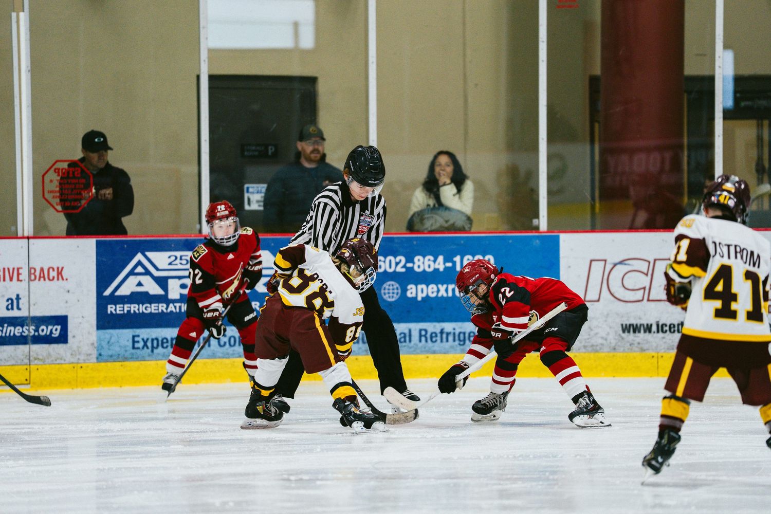Hockey players in red and brown jerseys compete during an ice hockey game with advertising boards visible along the rink.