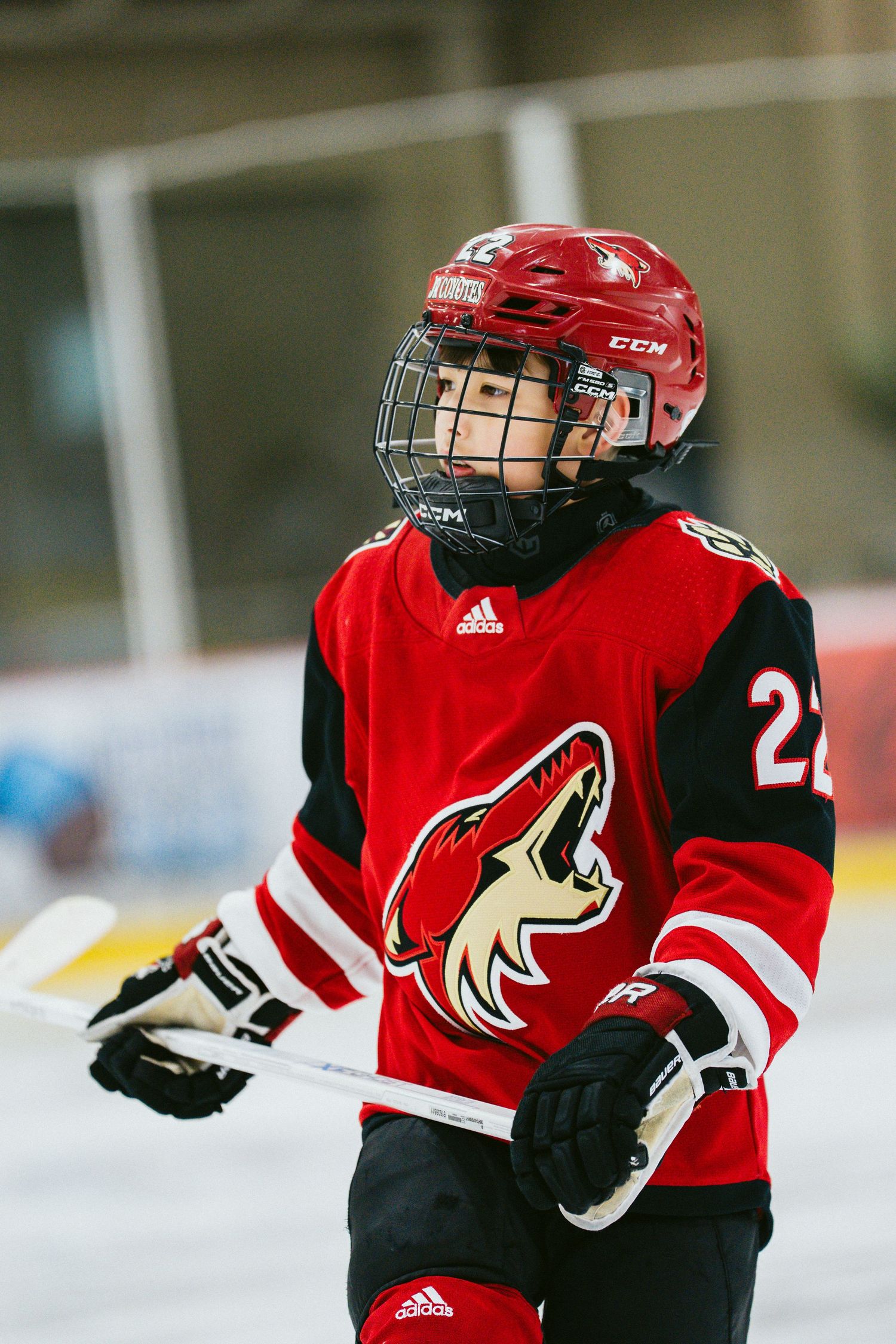 Youth hockey player in red and black jersey skates on ice during game practice.