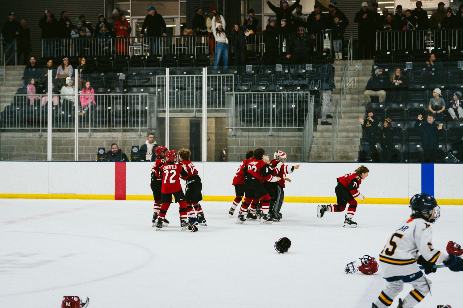 Hockey players in red uniforms skating on ice during a competitive match.