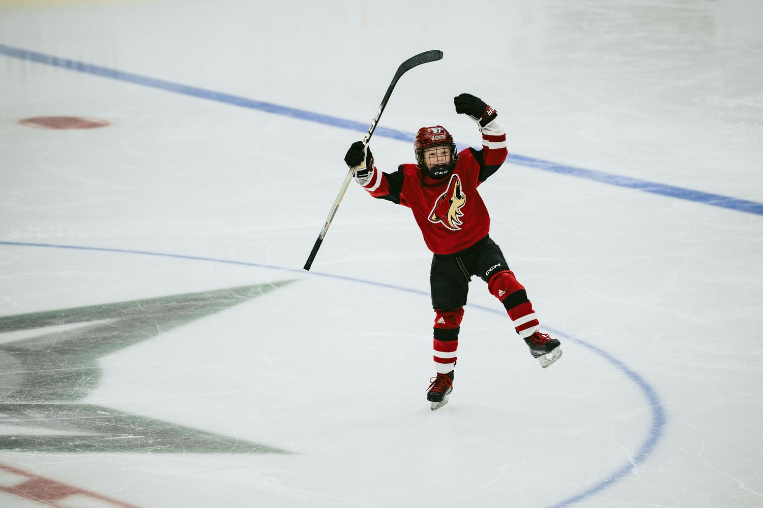 Hockey player in red jersey celebrating with raised stick on ice.