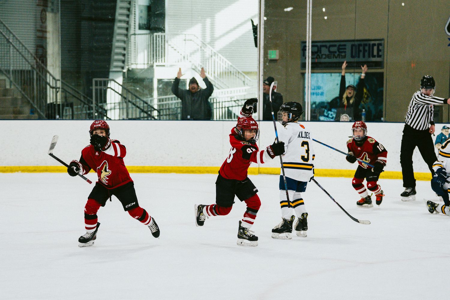 Hockey players in red and white uniforms competing during intense game action.