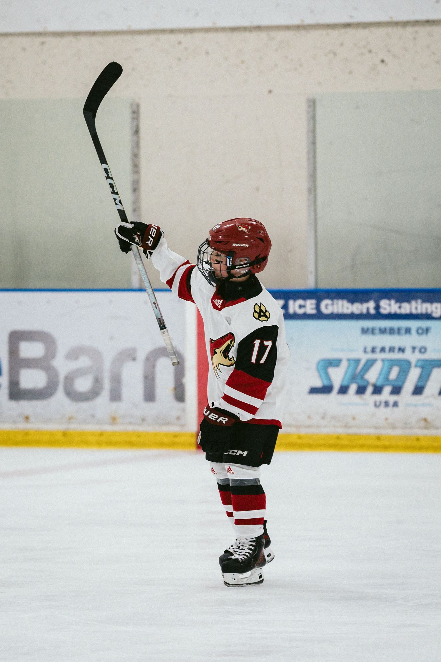Young hockey player in red and white uniform raising stick in celebration on ice.
