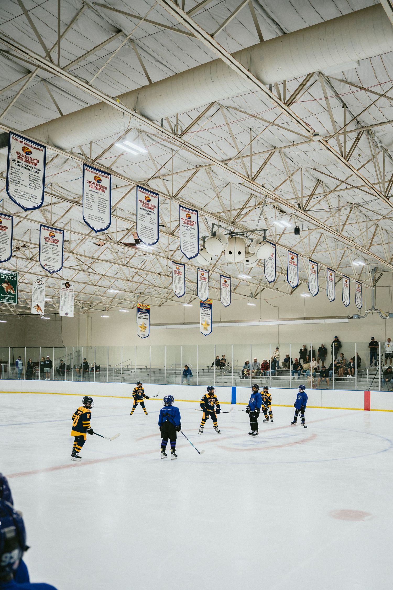 Youth hockey players in blue and yellow jerseys compete on indoor ice rink with championship banners.