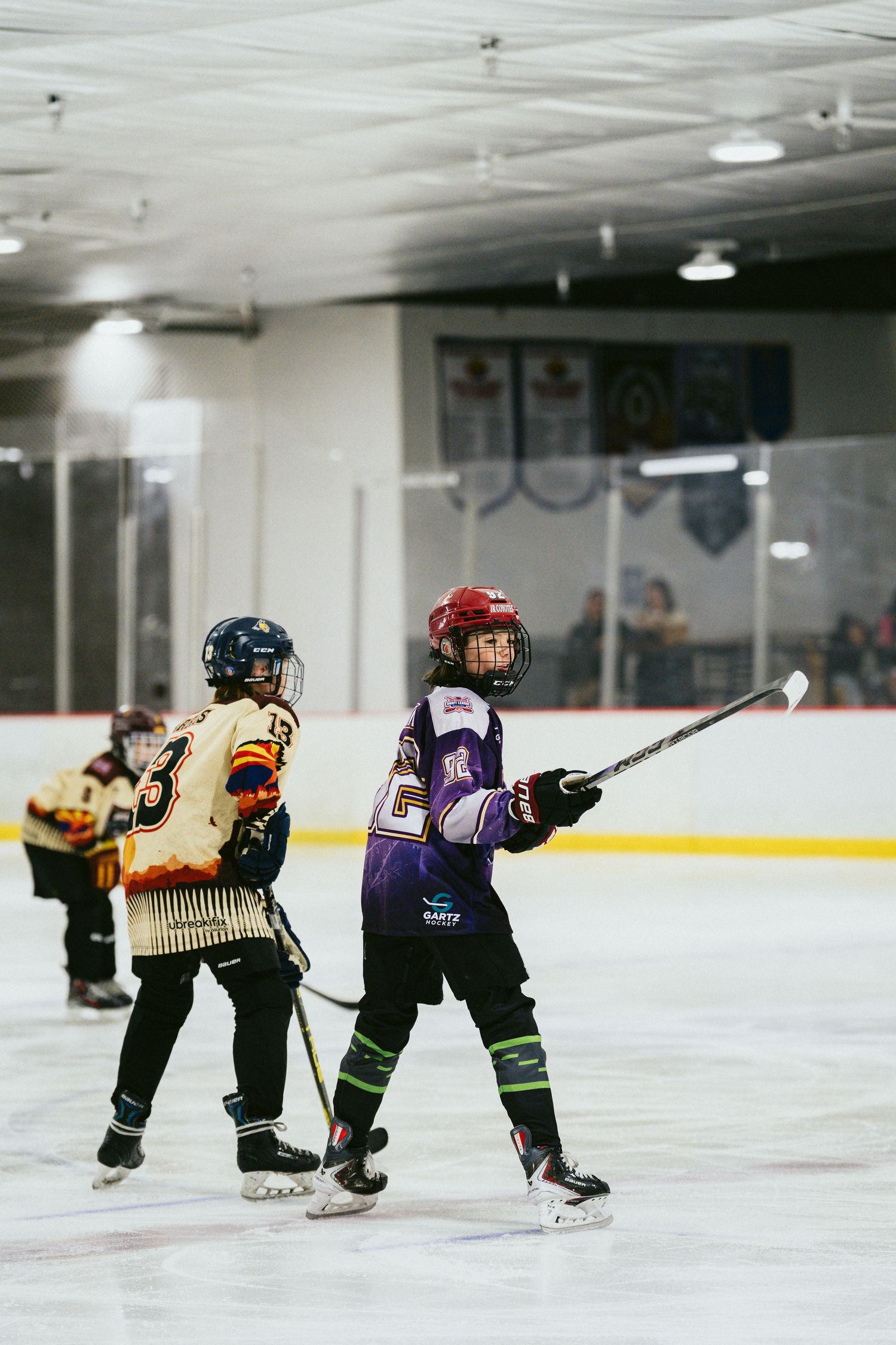 Two young hockey players stand on ice during a youth hockey game inside an indoor rink.