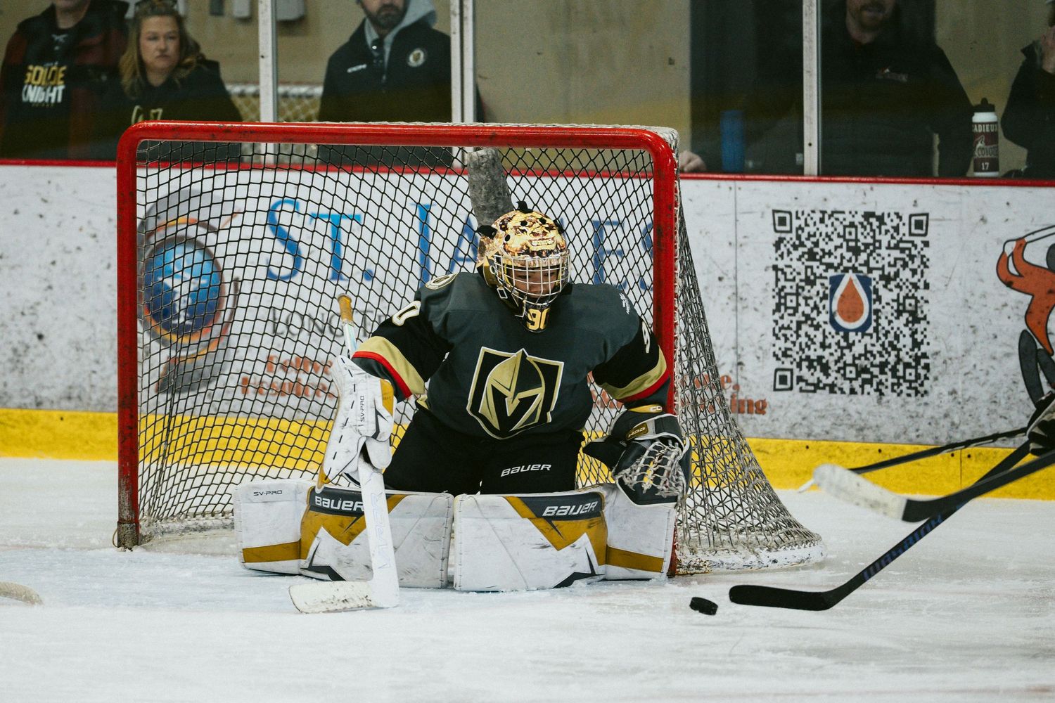 A goalie in black and gold uniform crouches in ready position at the hockey net.
