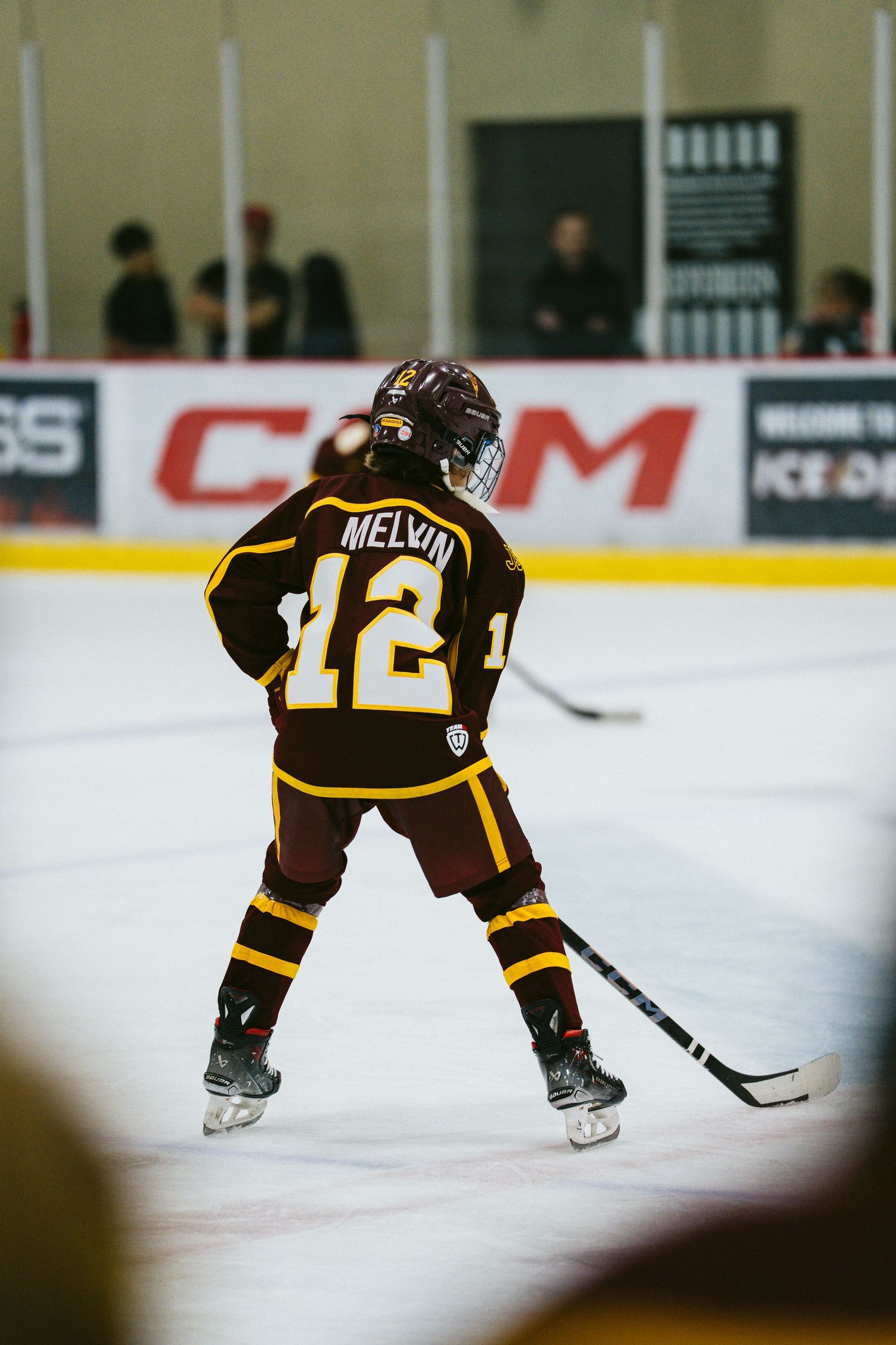Hockey player in black and gold uniform skates low to the ice during a game.