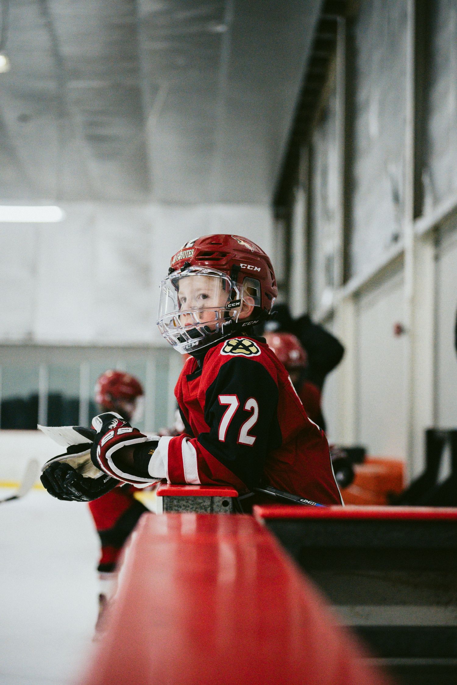 Hockey players in red jerseys lined up along the boards during a game.
