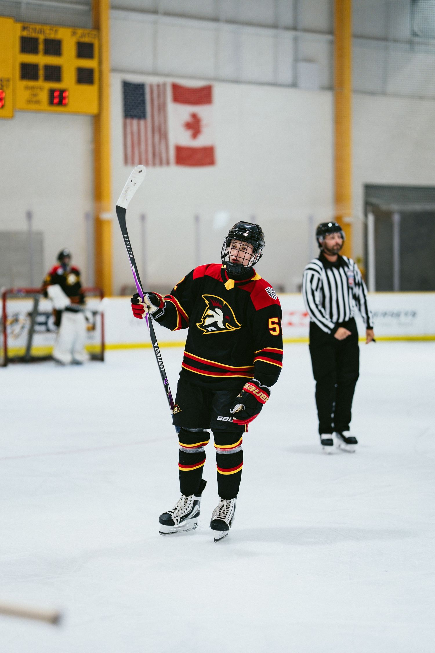 Hockey player number 5 in black uniform raises stick on ice rink with referee and flags in background.