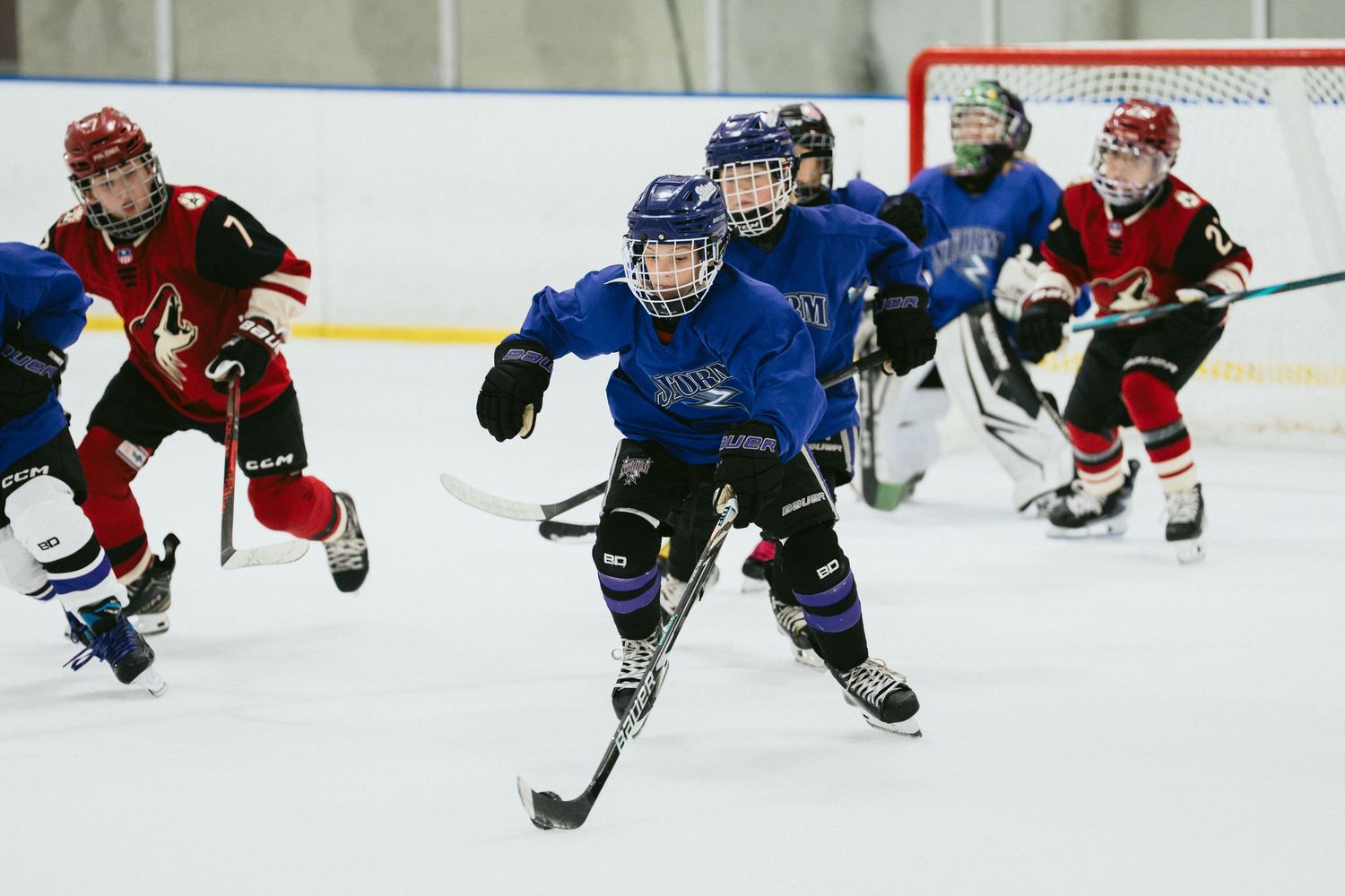 Young hockey players compete on ice, with a player in blue leading the puck during a youth hockey game.