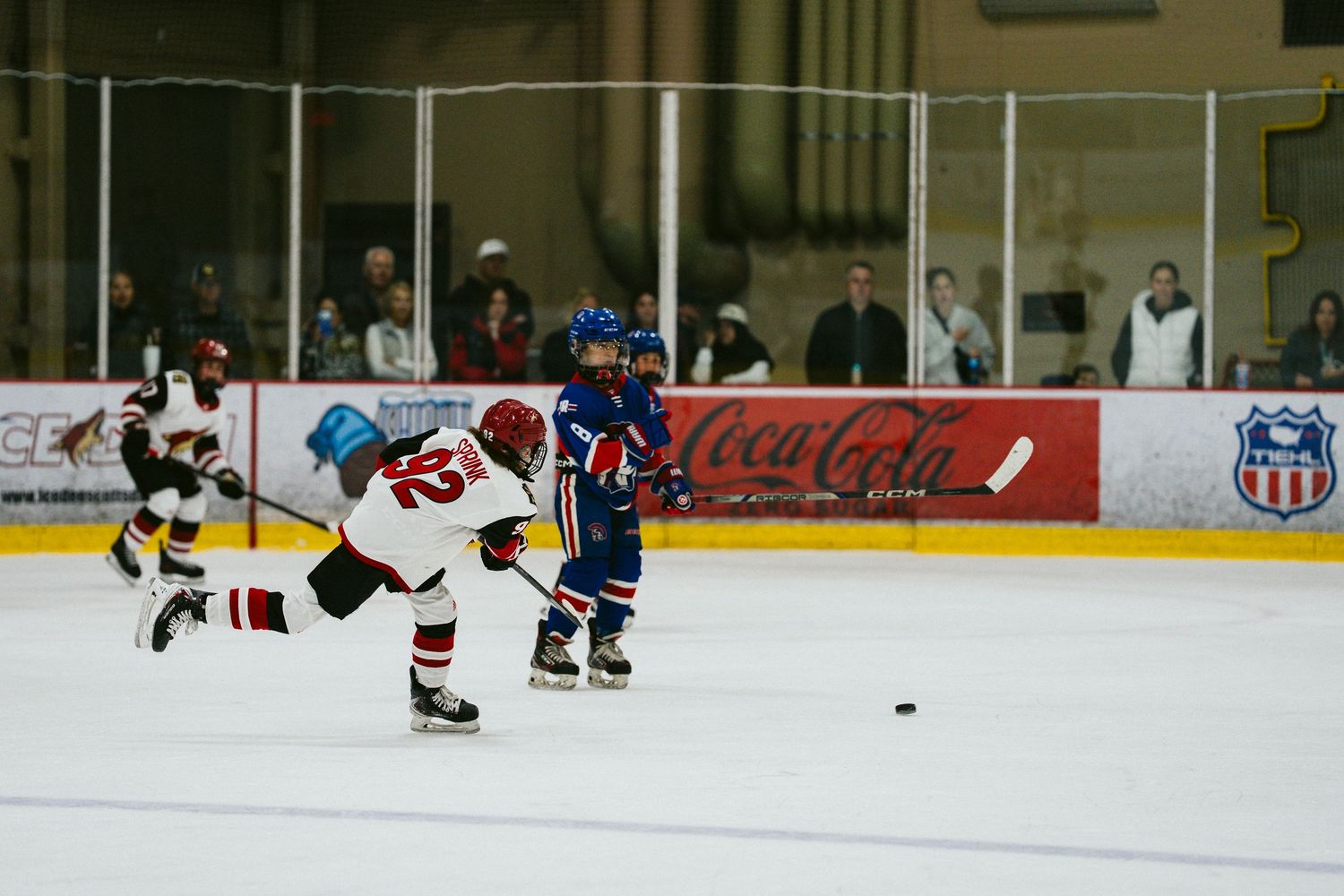 Two hockey players battle for the puck on the ice during a competitive match with spectators watching from behind the glass.