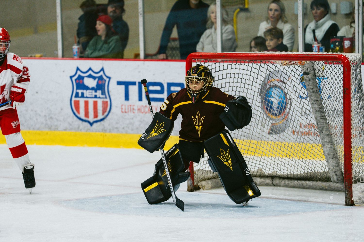 Hockey players position themselves near the goal net during an intense game moment.