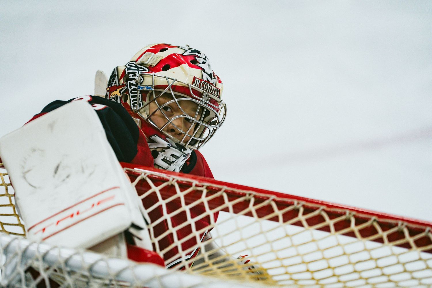 Close-up view of a hockey goalie's mask and protective equipment during a game.