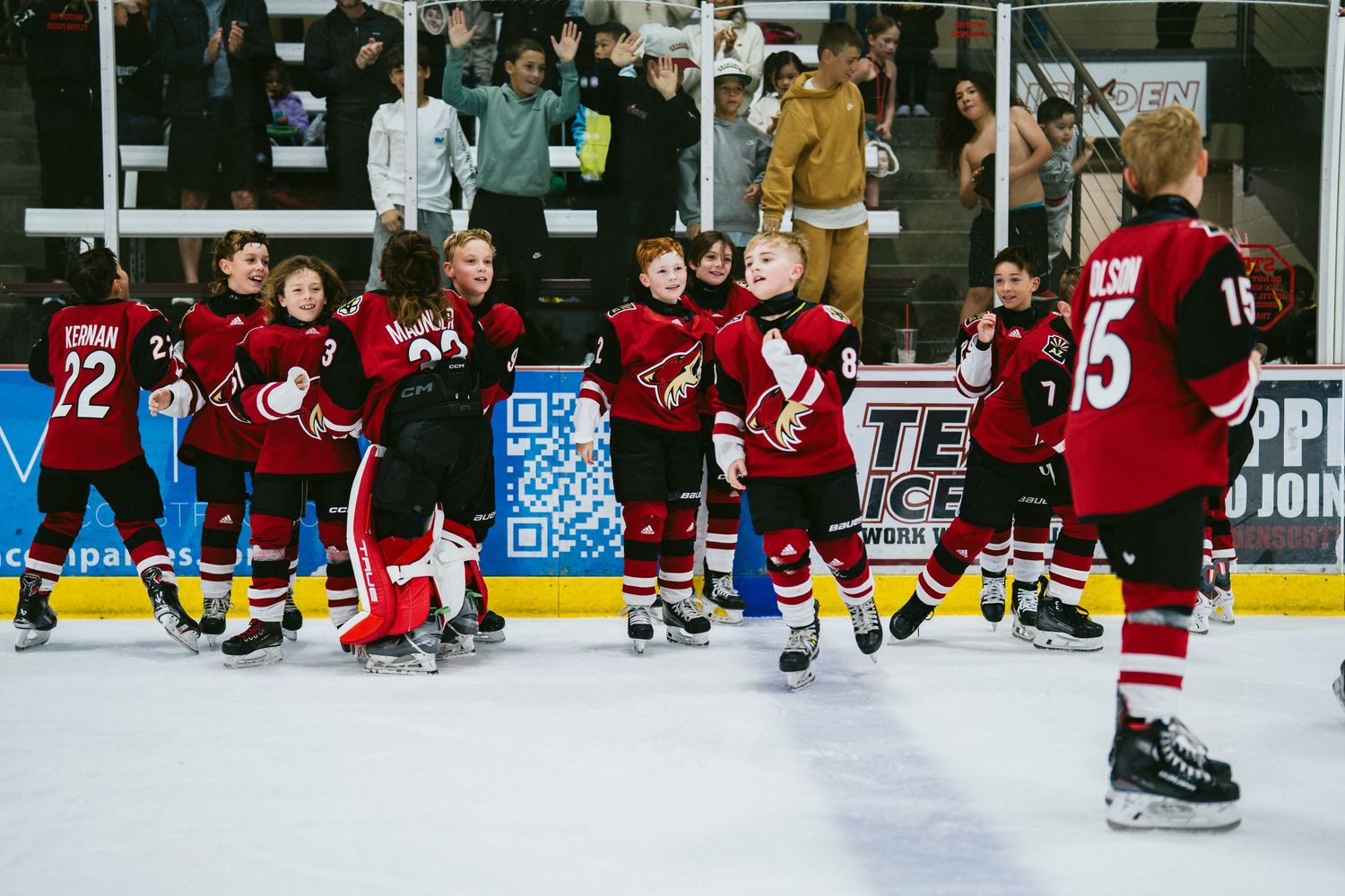 Youth hockey players in red jerseys celebrate together on the ice during a game.