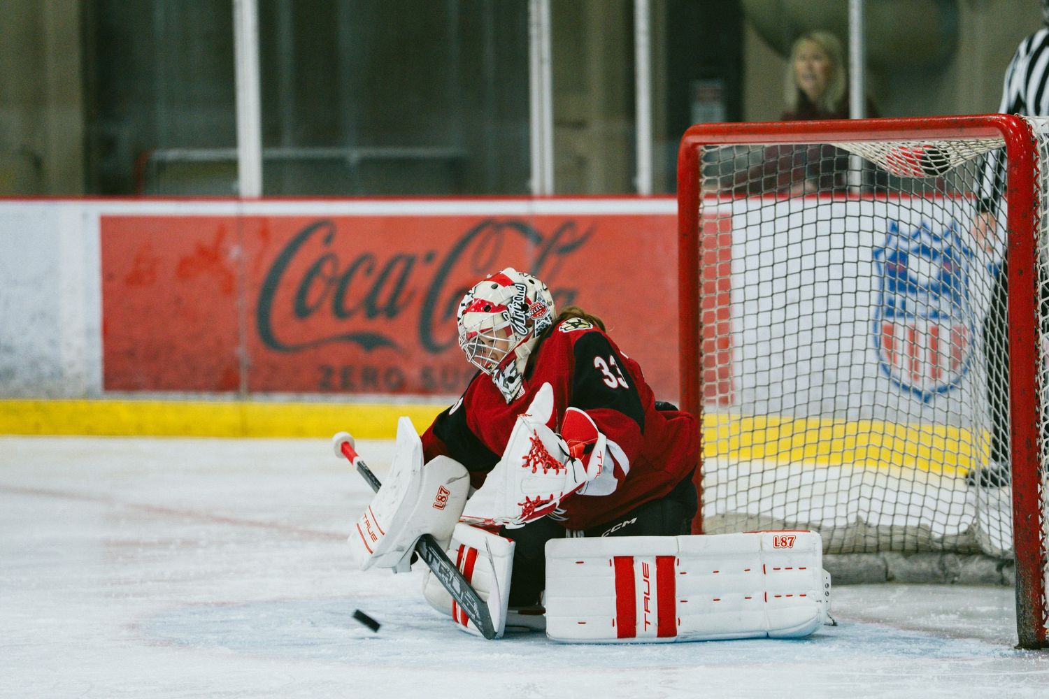 Hockey players celebrate around the goal net during an intense ice hockey match.