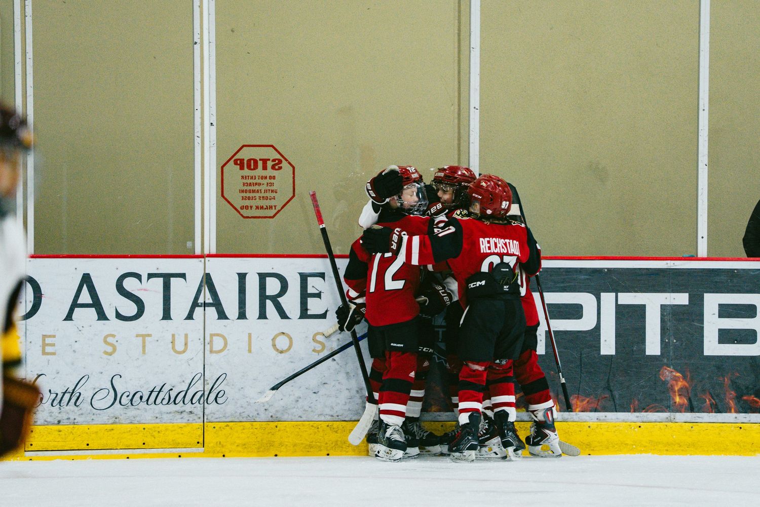 Hockey teammates celebrate together against the boards during a game at an indoor ice rink.