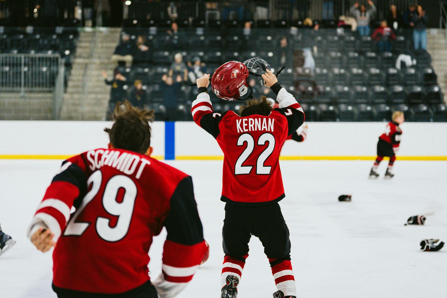 Hockey players in red jerseys celebrating on ice with jersey number 22 visible.