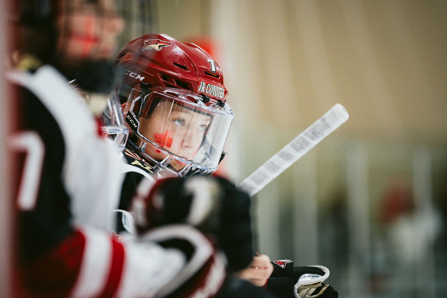 Close-up of hockey player wearing red helmet and protective gear during game.