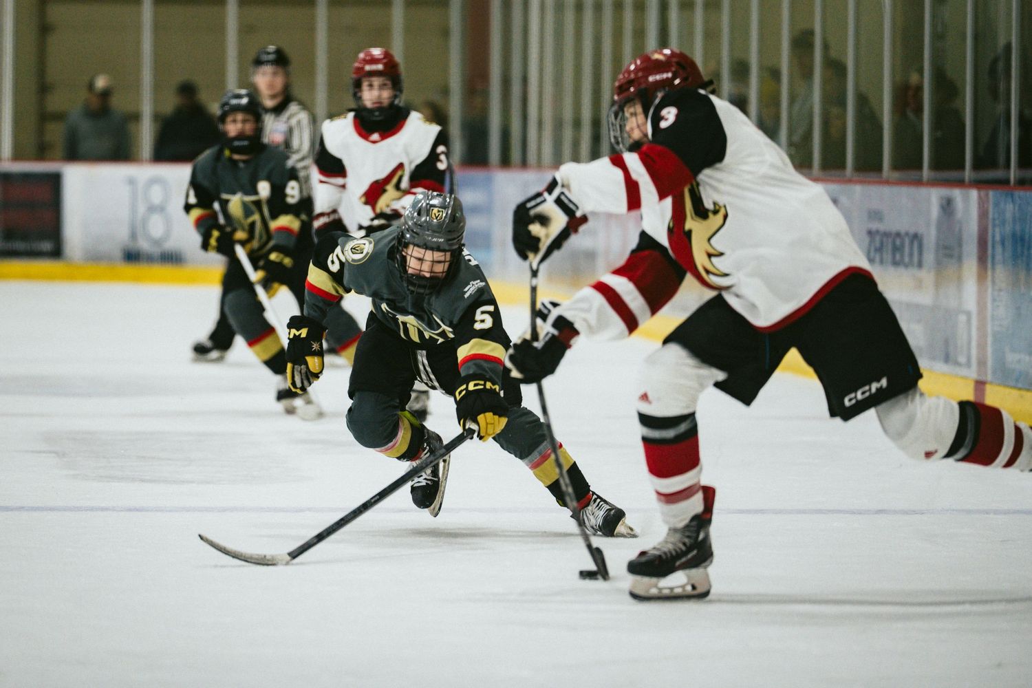 Hockey players in black and red uniforms chase the puck during competitive gameplay.