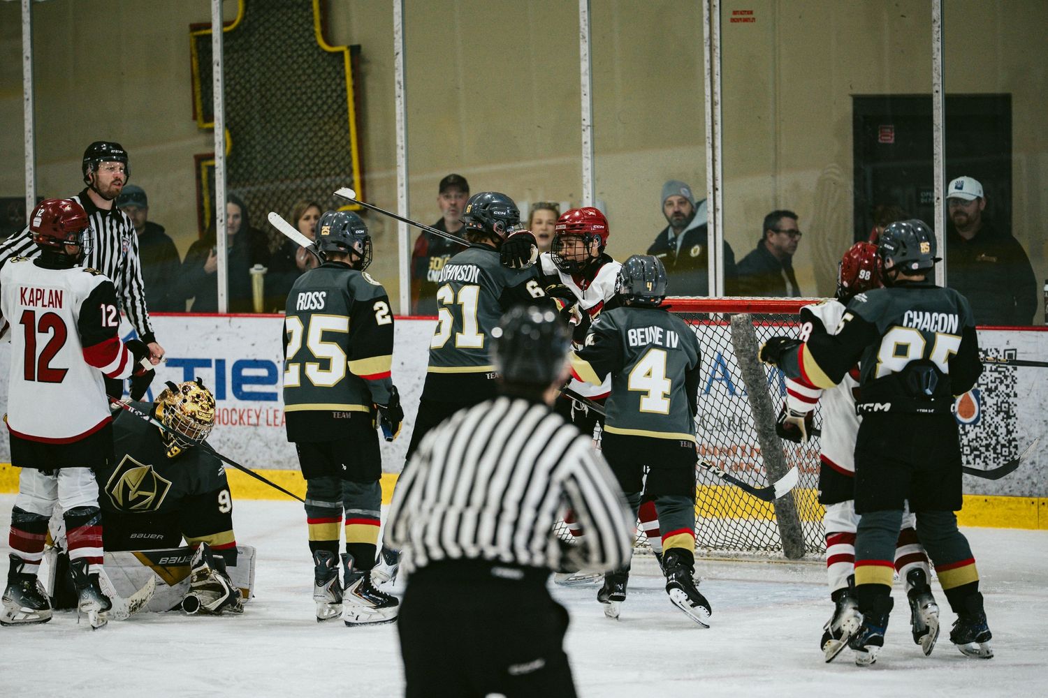 Hockey players and officials gather around the net during game stoppage.