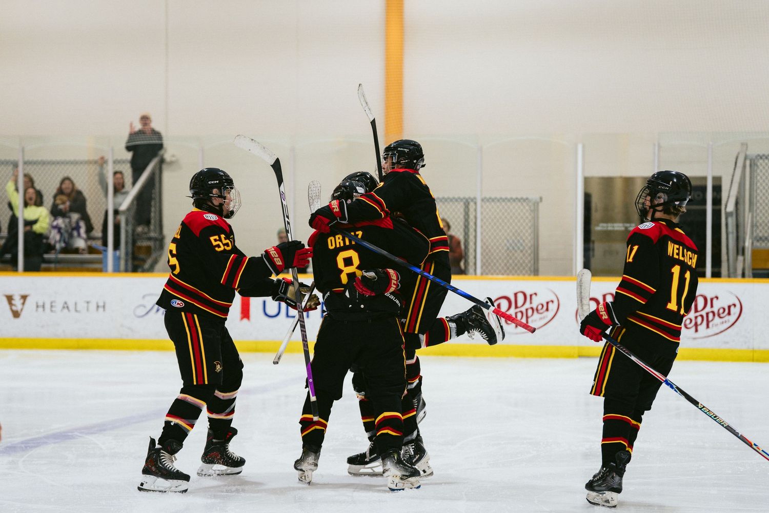 Hockey players in black and red uniforms celebrate on the ice after scoring a goal during a game.