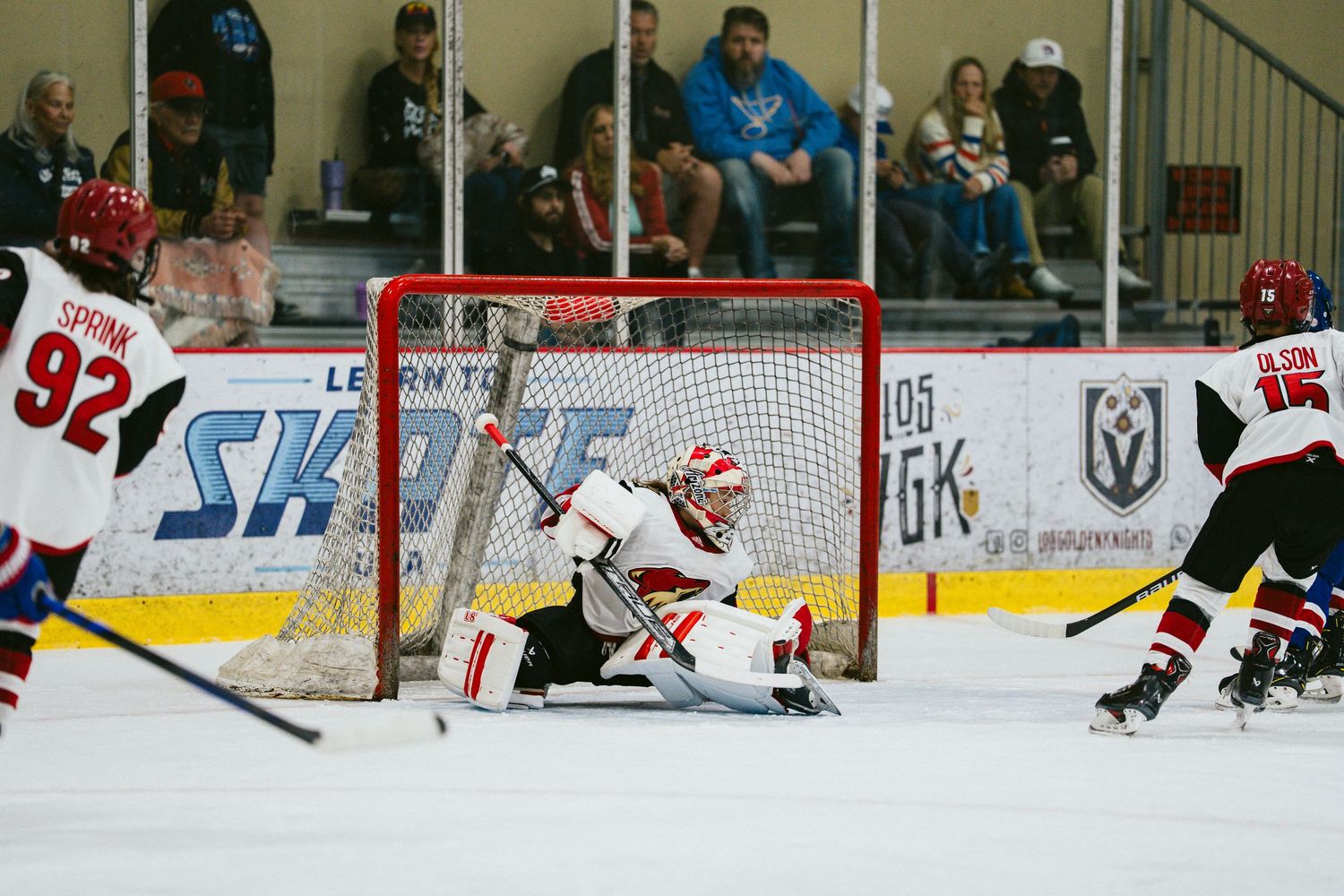 Hockey players compete for the puck during an intense game on the ice with spectators watching from the stands.