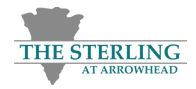 A modern logo design for The Sterling at Arrowhead featuring a gray architectural silhouette above blue text.