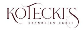 Elegant black and white text logo design for Kotecki's Grandview Grove with decorative flourishes.