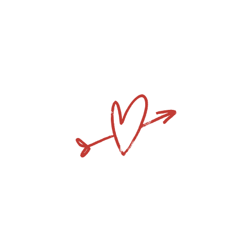 Two people in formal attire pose together against a blurred background with red heart doodles drawn on the image.