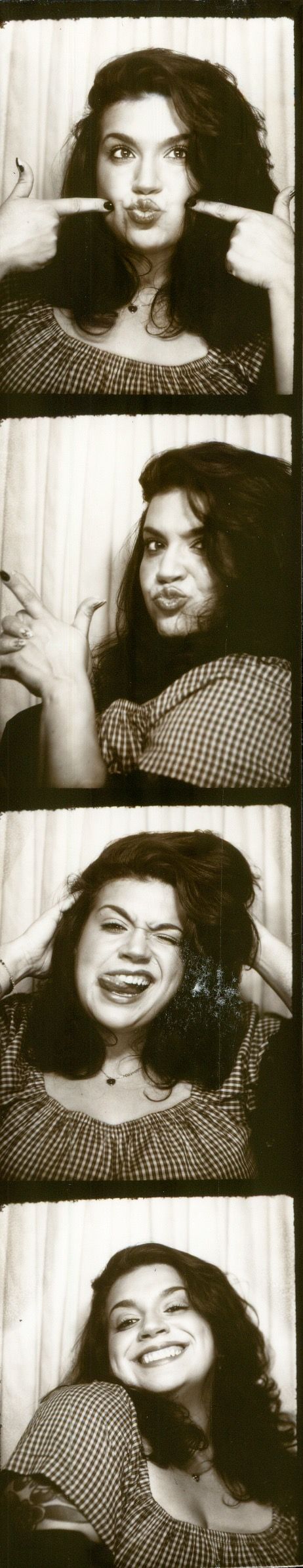 A series of black and white photo booth style portraits showing playful expressions while wearing a checkered top.