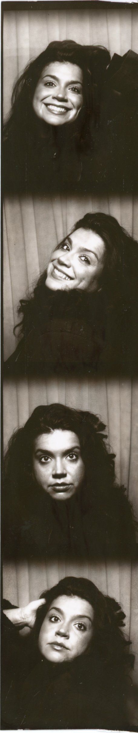 A series of black and white photo booth style portraits showing expressive poses with dramatic lighting and dark curly hair.