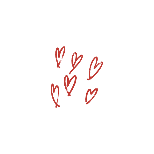 Simple hand-drawn red hearts scattered in a casual doodle style on white background.