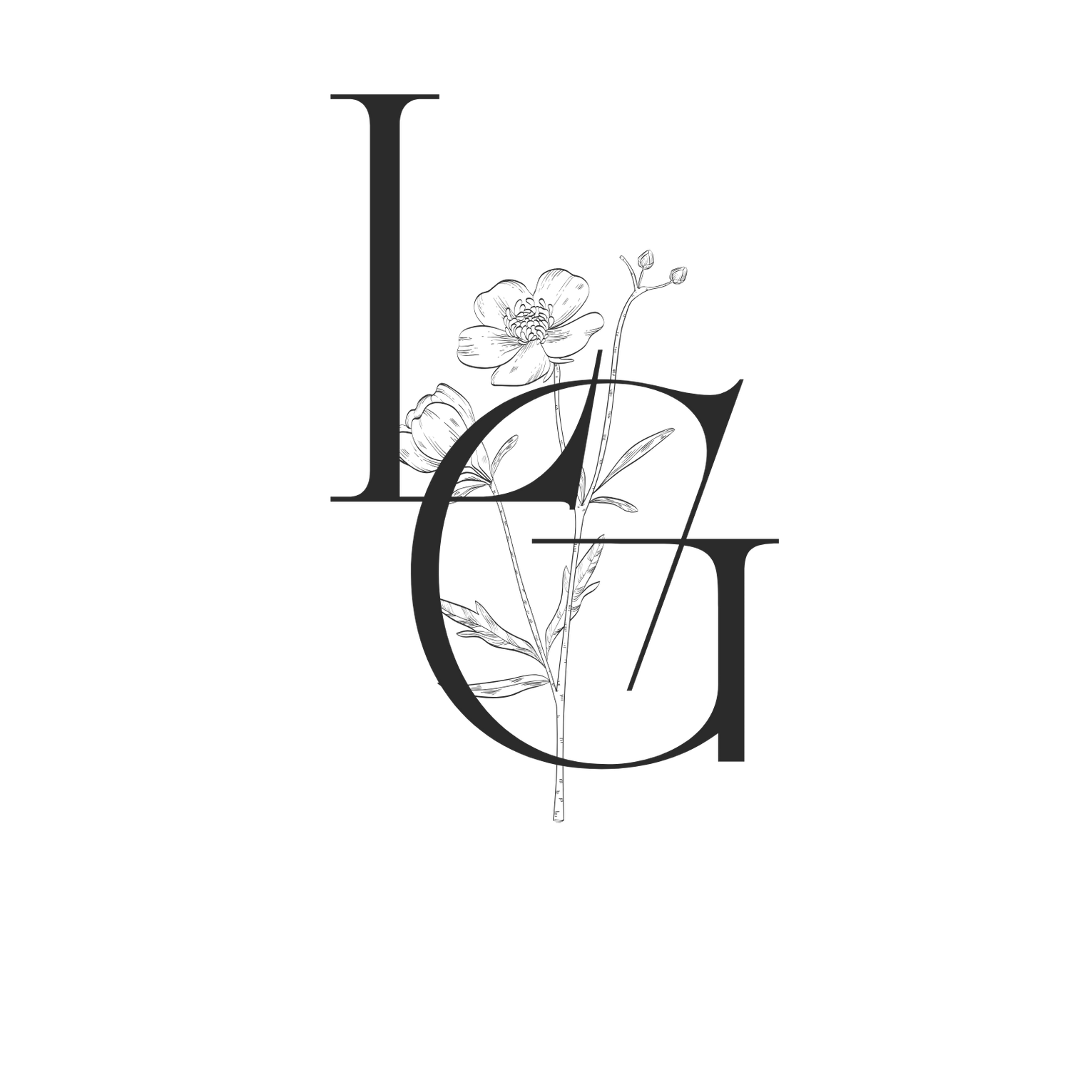 A minimalist black logo design featuring floral elements with the letters L and G.
